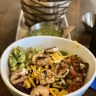 Salad Bowl + Shrimp and rice with honey vinaigrette (Chipotle vibes).