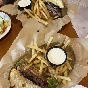 Mushroom Swiss burger (they split it for us!)