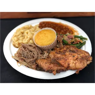 BBQ plate with Pulled Pork, BBQ Chicken, Mac &amp; Cheese, Bacon Green Beans, and Pork BBQ Baked Beans