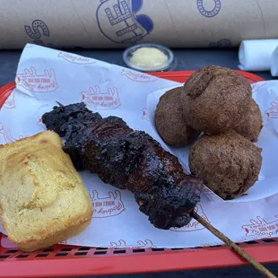 Burnt Ends, Hushpuppies, and Corn Bread