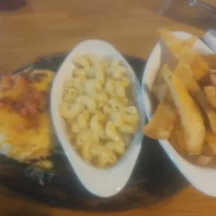 mingo chicken, white cheddar mac and cheese and steak fries