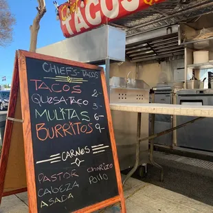 Chiefs Tacos menu board