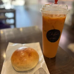 Pork bun and Thai Milk Tea
