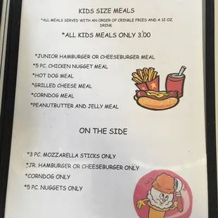 a menu for kids size meals