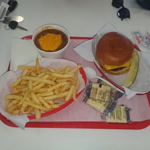 Cheeseburger, chili, large fries.