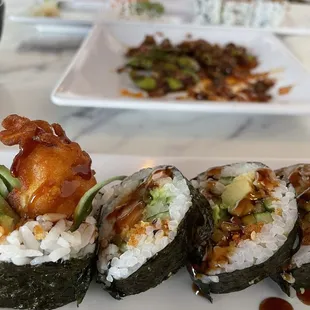 a close up of a sushi and bar