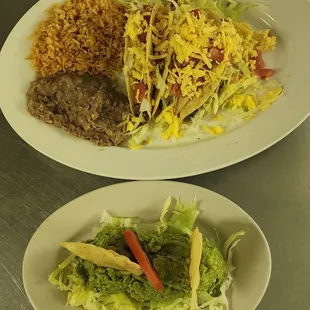 Crispy beef tacos and guacamole salad