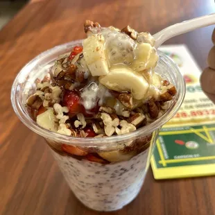 Oatmeal, chia seeds and fruit/honey topping.