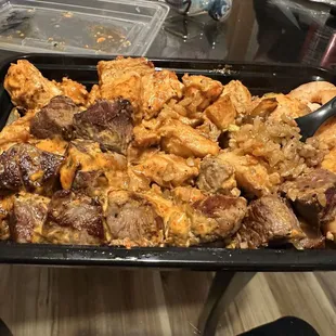 The trio with Diablo sauce. Filet mignon, chicken n shrimp