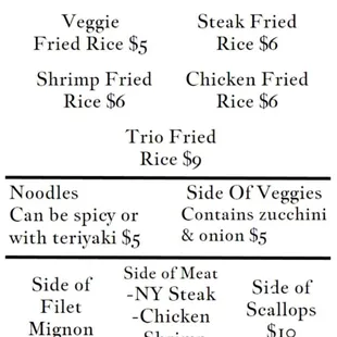 the menu for the chikihanas hibachi