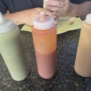 Three types of salsa. Tomatillo, red and habanero