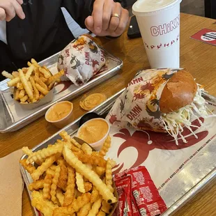 Chicken sandwich, fries, sauce