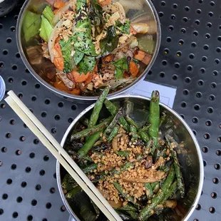 Top: Smashed Salmon. Outstanding.  Bottom: Charred Green Beans. Great but needs the red sauce that we had on the side.