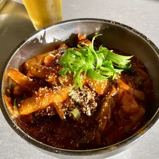 My Spicy Ribeye &amp; Rice Cakes..with added cheese tasted sensational !