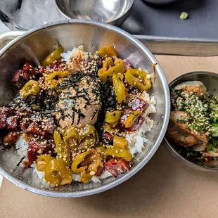 Brisket bowl and veggie dumplings