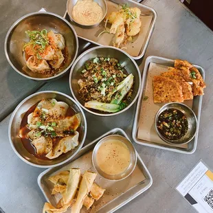 Crispy Shrimp, Pork &amp; Kimchi Potstickers, Dan Dan Noodles, Kimchi Pancake, Cumin Lamb Dumplings, Crispy Chicken Spring Rolls