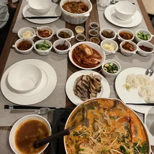 Bossam, Seafood soup, Steamed monkfish, bibim naemyeon. Yumm!!