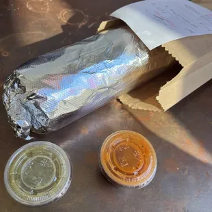 CHICKEN TINGA BURRITO with red sauce and green sauce