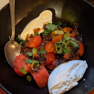 Heirloom tomatoes, burrata, watermelon, cucumber, salsa matcha, peanut