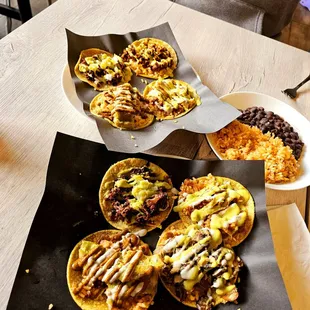 Taco sampler, Saudero,  Chicharrones, Mushrooms,  Tinga.