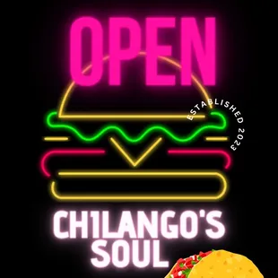 a neon sign and a taco