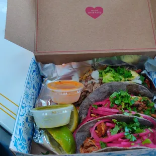 Three Blue corn tacos