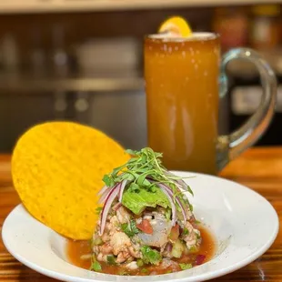 a plate of food and a drink