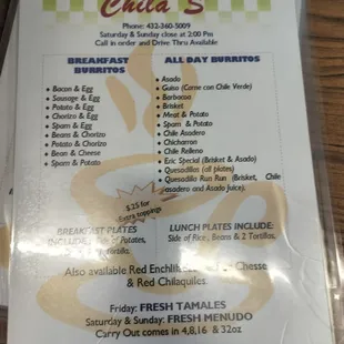 Menu June 2024. Burritos are now about $6