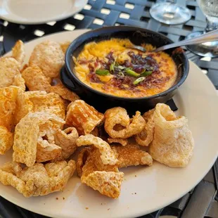 Pimiento dip and pork rinds