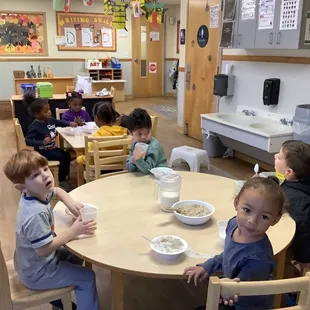 In class having breakfast