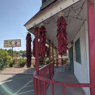red peppers hanging from the roof of a restaurant