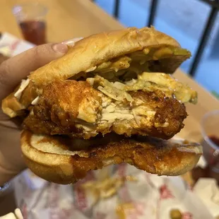 $13: Sandwich, side, and drink. Large serving of okra! Bang for your fiery bite.