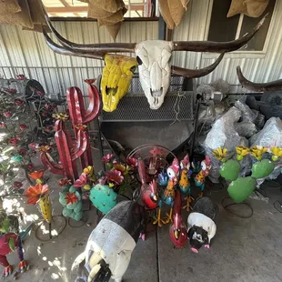 a bull skull, cactus, and other decorations