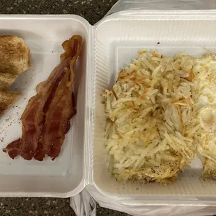 2 eggs, hashbrowns, bacon and toast.