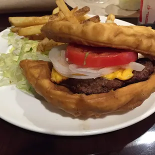 Sopapilla Burger with American cheese and fries