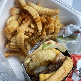 a cheeseburger and fries