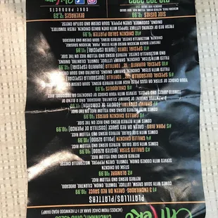 Back page of menu