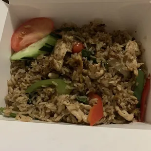 Chili basil fried rice with chicken.