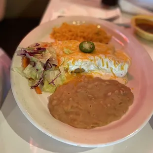 Chicken Enchiladas with beans and rice