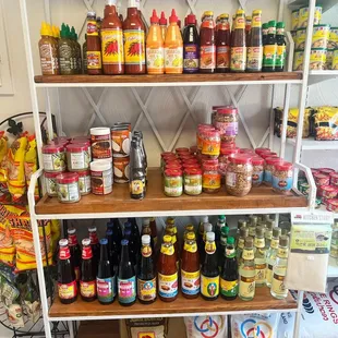a shelf full of food items