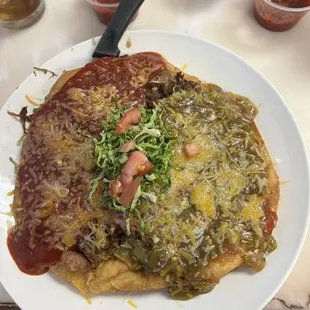Indian taco with Christmas chili. Shredded beef.