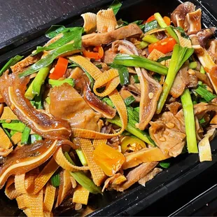 close up of a dish of stir fried vegetables