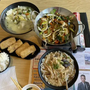 Fried milk, baiye tofu, pepper corn fish, and mushroom eice noodle soup