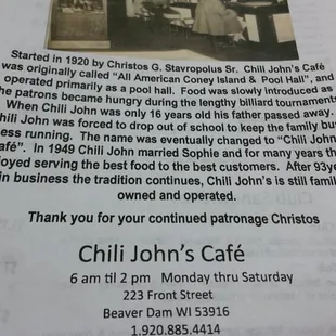 information about chili john's cafe