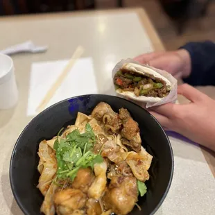 Spicy Chicken Biang Biang Noodle, Spicy Cumin Lamb Burger