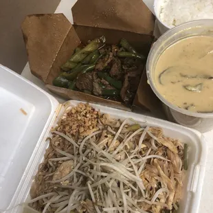 Chicken pad Thai, Basil beef, and green chicken curry. Yummers!!!!