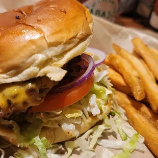 a cheeseburger and french fries