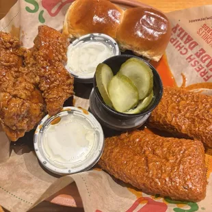 Triple Dipper with honey chipotle chicken crispers and Nashville Hot Mozzarella sticks