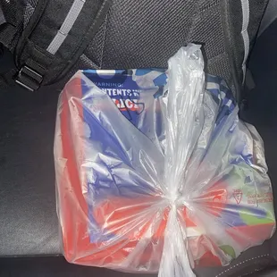 Burger and fries. Missing my drinks and chips and salsa