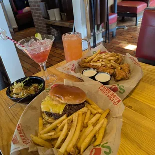 The Merry Maker Marg, Strawberry lemonade, crispy chicken crispers w/fries, Big Smash Burger w/fries and house salad.